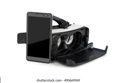 Glasses of virtual reality. Oculus Rift. Smartphone. On white, isolated background.