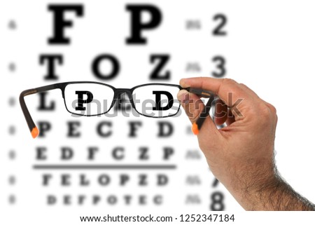 Glasses with vision test chart during eye examination