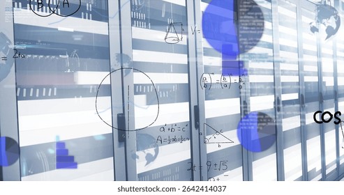 Glass-front rack door featuring metallic handle in data center corridor, with equation overlays. Data center, server rack, digital infrastructure, high-tech, networking, data analytics, futuristic
