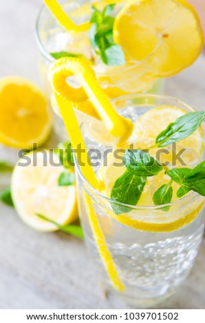 Glasss of mojito with lemon and drinking straw