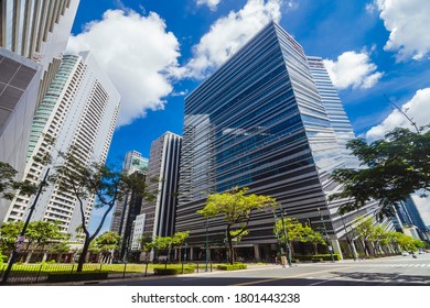 Glassy Highrises Along 5th Avenue, Bonifacio Global City In Philippines. A Modern Central Business District.