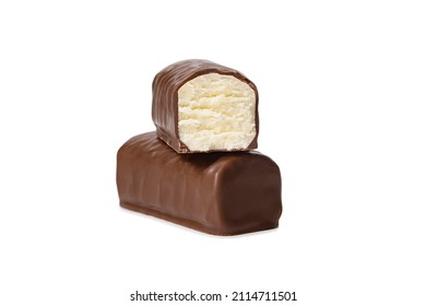 Glazed cheese in milk chocolate broken into halves on a white isolated background - Shutterstock ID 2114711501