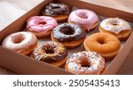 Glazed and decorated donuts in a box, showcasing a variety of flavors and toppings, with vibrant icing colors, set on a wooden table, perfect for a sweet treat or dessert