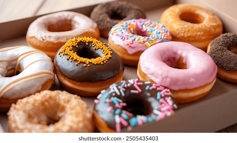 Glazed and decorated donuts in a box, showcasing a variety of flavors and toppings, with vibrant icing colors, set on a wooden table, perfect for a sweet treat or dessert - Powered by Shutterstock