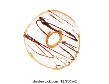 A Glazed Donut With A Chocolate Drizzle. Shot From Above On A White Background.