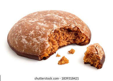 Glazed Gingerbread Lebkuchen With Chocolate Isolated On White. Bite Missing With Crumbs.