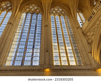 Glazing of interior of Sainte-Chapelle de Vincennes, France, with sunlight passing through window