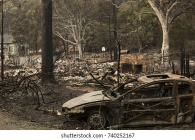 GLEN ELLEN, CALIFORNIA/ USA - OCT 16, 2017: A Burned Car Near The Remains Of A Home In A Sonoma County Neighborhood. Fires In California Have Burned Over 220,000 Acres And Destroyed 5700 Structures.