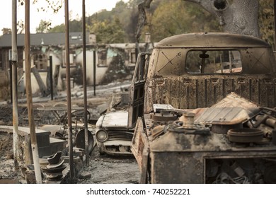 GLEN ELLEN, CALIFORNIA/ USA - OCT 16, 2017: A Burned Car Near The Remains Of A Home In A Sonoma County Neighborhood. Fires In California Have Burned Over 220,000 Acres And Destroyed 5700 Structures.