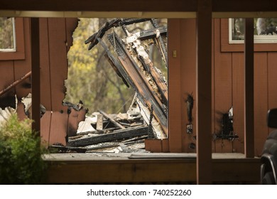 GLEN ELLEN, CALIFORNIA/ USA - OCT 16, 2017: A Partially Destroyed Home In A Sonoma County Neighborhood. Fires In California Have Burned Over 220,000 Acres And Destroyed 5700 Structures.