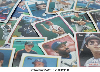 Glen Mills, PA/USA - July 30, 2019: An Assortment Of Baseball Cards.