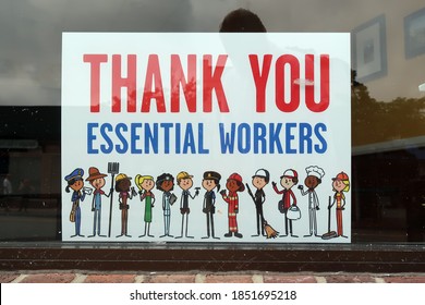 GLEN ROCK NJ/USA  - July 4, 2020: Sign in Downtown Glen Rock on Rock Road that says, THANK YOU ESSENTIAL WORKERS. Editorial use only. 