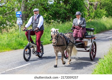 Glencaple, Scotland - June 5, 2022 : Palomino Pony Wearing Hoof Boots Pulling A 2 Wheeled Gig Driven By A Lady Driver And A Gentleman Ridding A Bike Alongside