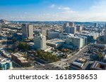 Glendale California Downtown from drone. Freeway. Traffic. Buldings