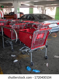 Glendale, CA/USA - April 24, 2020: Discarded Plastic Gloves Litter The Parking Lot At A Target Store During Coronavirus Epidemic