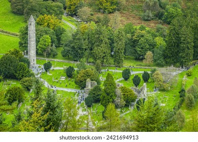 Glendalough the round tower and the graveyard