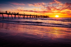 Glenelg Beach Jetty With People At Sunset, Adelaide, South Australia