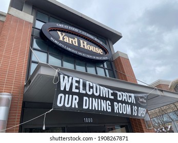 Glenview, IL, USA - February 2 2021: Yard House Restaurant Welcomes Patrons Back Into Dining Room As COVID Restrictions Are Lifted In Suburban Cook County, Illinois.