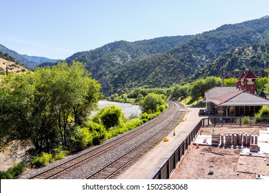 Glenwood Springs, USA - July 10, 2019: Roaring Fork Valley Colorado River In Downtown With Water And Railroad Tracks