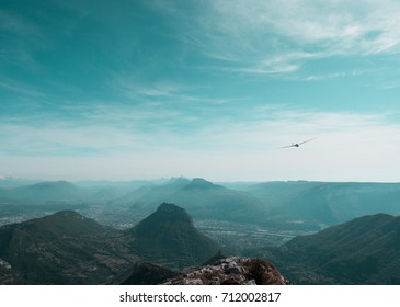 Glider Plane Flying Above Grenoble And The Chartreuse Mountains