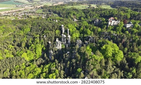 Gliding high view showing dense mixed forest, clustered pale limestone pillars rising above canopy and light colored manor with red pitched roofs perched on forest ridge in vivid spring daylight