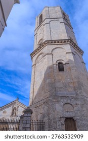 Glimpse of the octagonal bell tower of the Sanctuary of Saint Michael the Archangel on Mount Gargano, in Apulia region southern Italy.