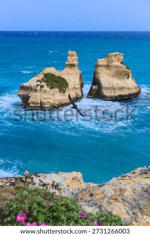 Glimpse of the sea stack Due Sorelle (Two Sisters) on the Torre dell'Orso Bay in Apulia, Italy.