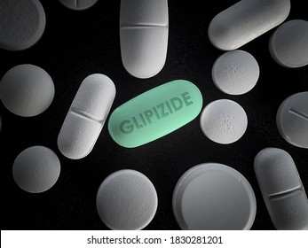 Glipizide green pill on black background Anti Diabetic Medication Drug of sulfonylurea class used to treat type 2 diabetes mellitus