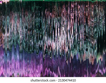 Glitch Art. Static Noise Texture. Matrix Distortion. Distressed Monitor. Purple Green Color Gradient Vibration Fuzzy Artifacts On Dark Black Creative Background.