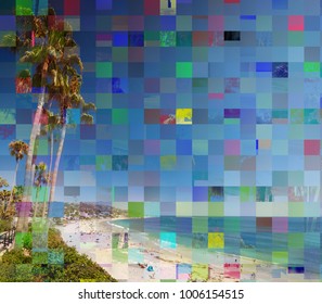 Glitch effect due to photo processing on an image with palms and ocean