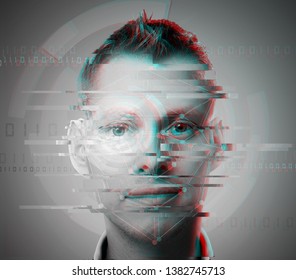 Glitch Man Face Closeup. Digital Noise Portrait