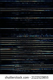 Glitch Noise Texture. Distortion Overlay. Bad Quality Transmission. Blue Orange Lines Pattern Artifacts On Dark Black Abstract Poster.