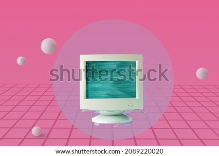 Glitch on retro computer screen in collage of vaporwave on pacific pink background. Minimal futuristic retrowave concept.