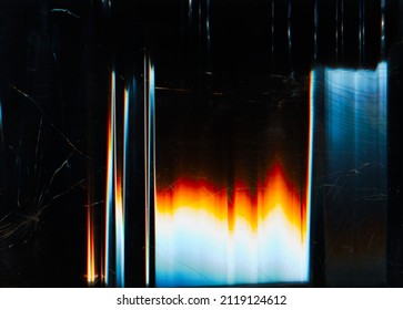 Glitch overlay. Broken screen texture. Fractured monitor. Blue orange white glow artifacts dust scratches noise on dark black distorted rough surface abstract wallpaper. - Shutterstock ID 2119124612