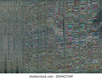 Glitch Overlay. Color Pixel Noise. VHS Tape Distortion. Transmission Error. Dark Pink Green Grain Lines Static Defect Abstract Background.