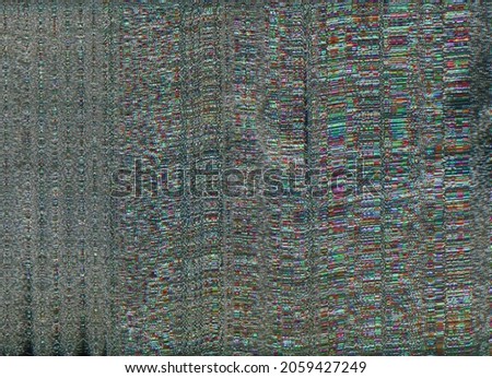 Glitch overlay. Color pixel noise. VHS tape distortion. Transmission error. Dark pink green grain lines static defect abstract background.