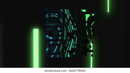 Glitching central stylized QR code shifting in abstract digital space, with neon green light tubes. Futuristic, neon, abstract, digital, technology, cyber, geometrical - Powered by Shutterstock - Get 15% off with code: PIKWIZARD15