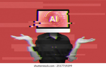 Glitching corrupted AI system, error message on red alert background. Person with screen head symbolizing artificial intelligence rebel against human. Hack concept collage art.