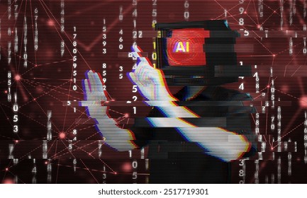 Glitching corrupted AI system hacked on red matrix background. Person with screen head symbolizing artificial intelligence rebel against human