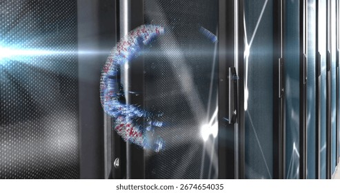 Glitching holographic ring floating between dark cabinets in server room emitting blue red flares. Futuristic, technology, cyber, digital, innovation, high-tech, reflective