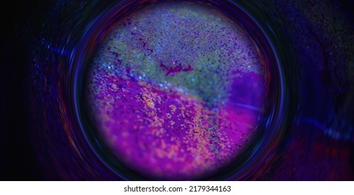 Glitter Fluid Background. Blur Neon Swirl. Time Travel Portal. Fluorescent Magenta Pink Blue Color Sparkling Grain Texture Ink Flow In Ring Frame On Dark Black Abstract Banner.