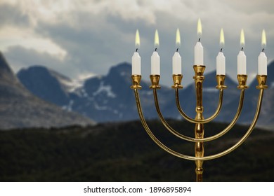 Glitter Lights Of Candles On Menorah Are Traditional Symbols For Jewish Hanukkah Holiday Of Light.