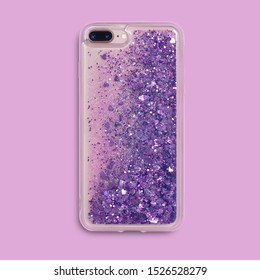 Glitter Liquid IPhone 8 Plus Case Back View Isolated On Pink Background. Clear Phone Case Mockup