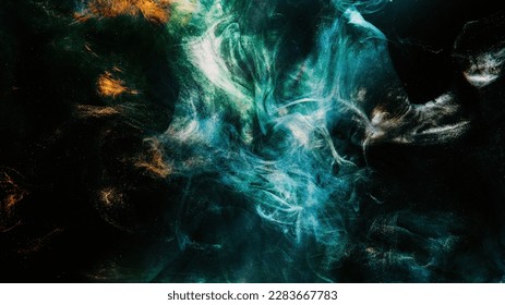 Glitter smoke. Paint water. Underwater splash. Abyss void. Blue golden green color glowing shiny dust particles mist cloud floating on dark black abstract background. - Powered by Shutterstock