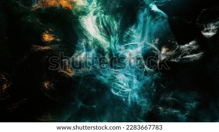 Glitter smoke. Paint water. Underwater splash. Abyss void. Blue golden green color glowing shiny dust particles mist cloud floating on dark black abstract background.