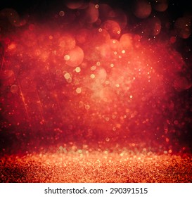 Glitter Vintage Lights Background. Gold, Red And Purple. Defocused
