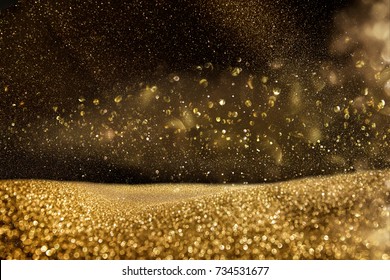 Glitter Vintage Lights Background. Gold And Black. De Focused.