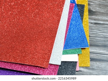 Glittered Colorful Eva Foam Sheets, Colored Cardboard, Rubber Pad, Sponge Papers For School Arts And Crafts, Pile Of Multicolored School Board Papers For Children, Back To School Education Concept