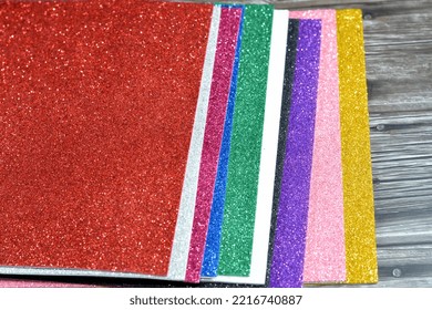 Glittered Colorful Eva Foam Sheets, Colored Cardboard, Rubber Pad, Sponge Papers For School Arts And Crafts, Pile Of Multicolored School Board Papers For Children, Back To School Education Concept