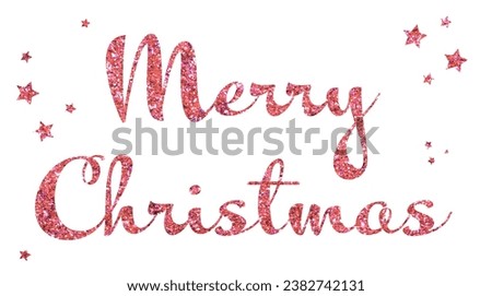 Glittery red text Merry Christmas and stars on white background